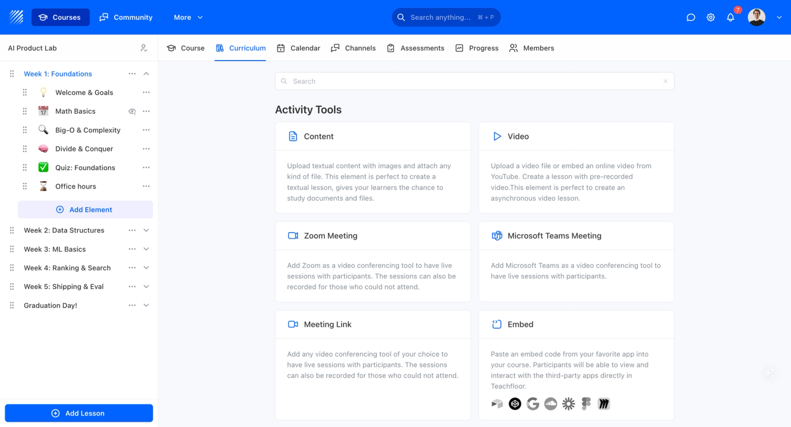 Building a cohort curriculum in the Teachfloor builder