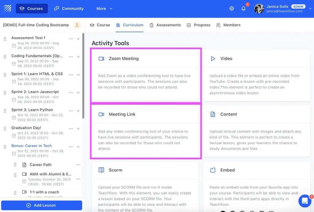 Video conferencing tool for peer-to-peer learning