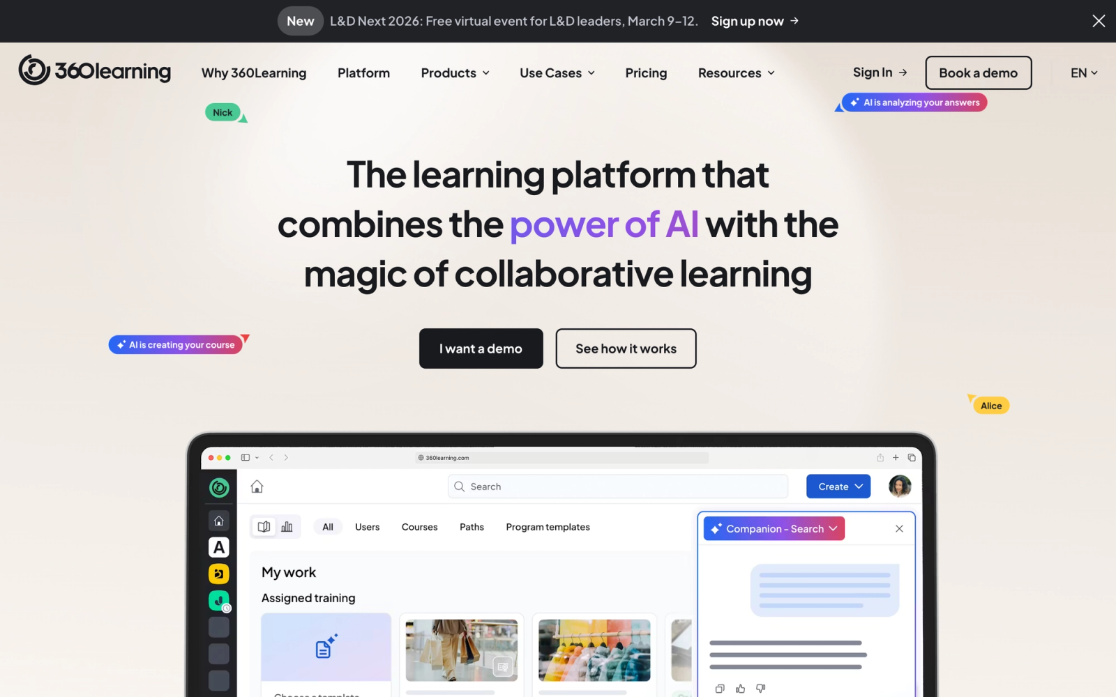 360Learning homepage hero section