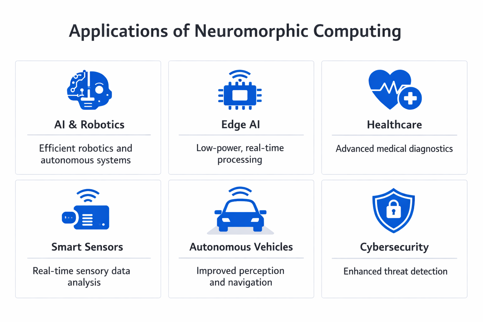 Infographic showing practical applications and use cases of neuromorphic computing