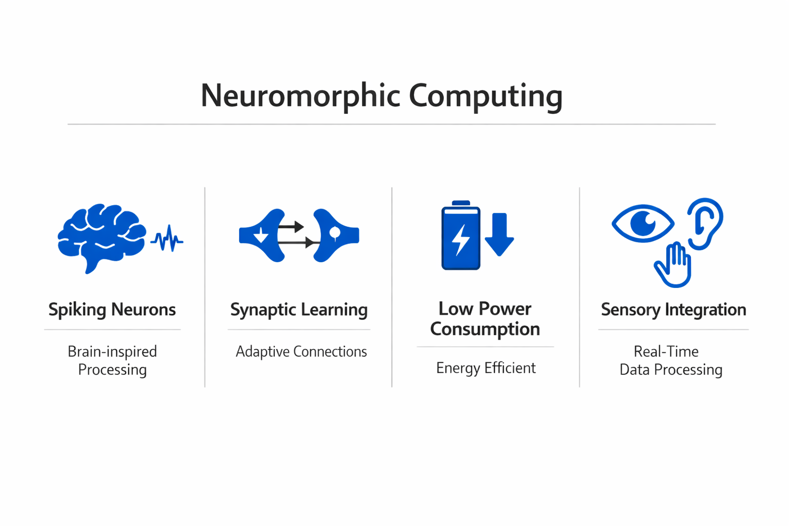 Infographic showing the key components and process of neuromorphic computing