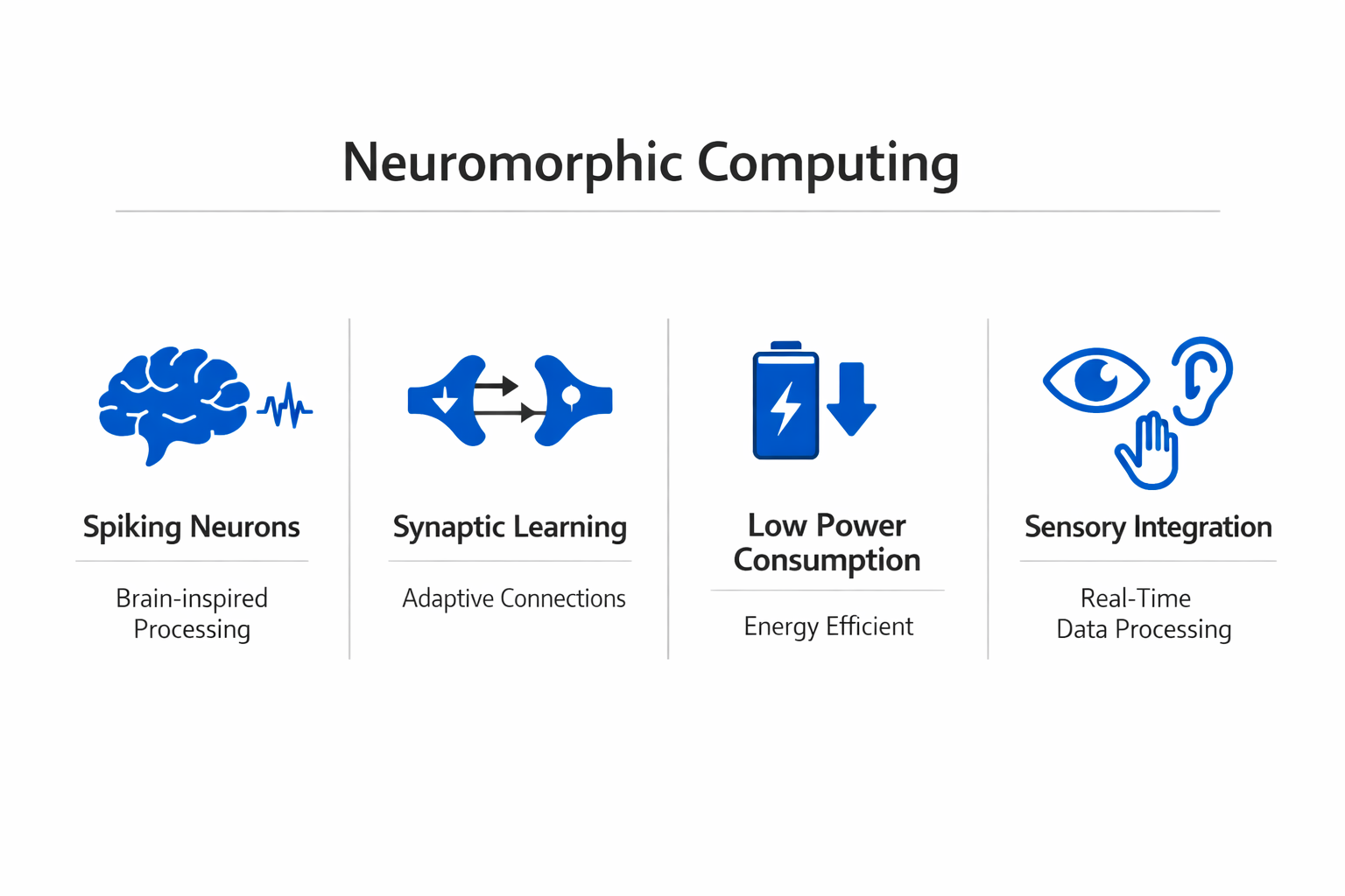 Infographic showing the key components and process of neuromorphic computing
