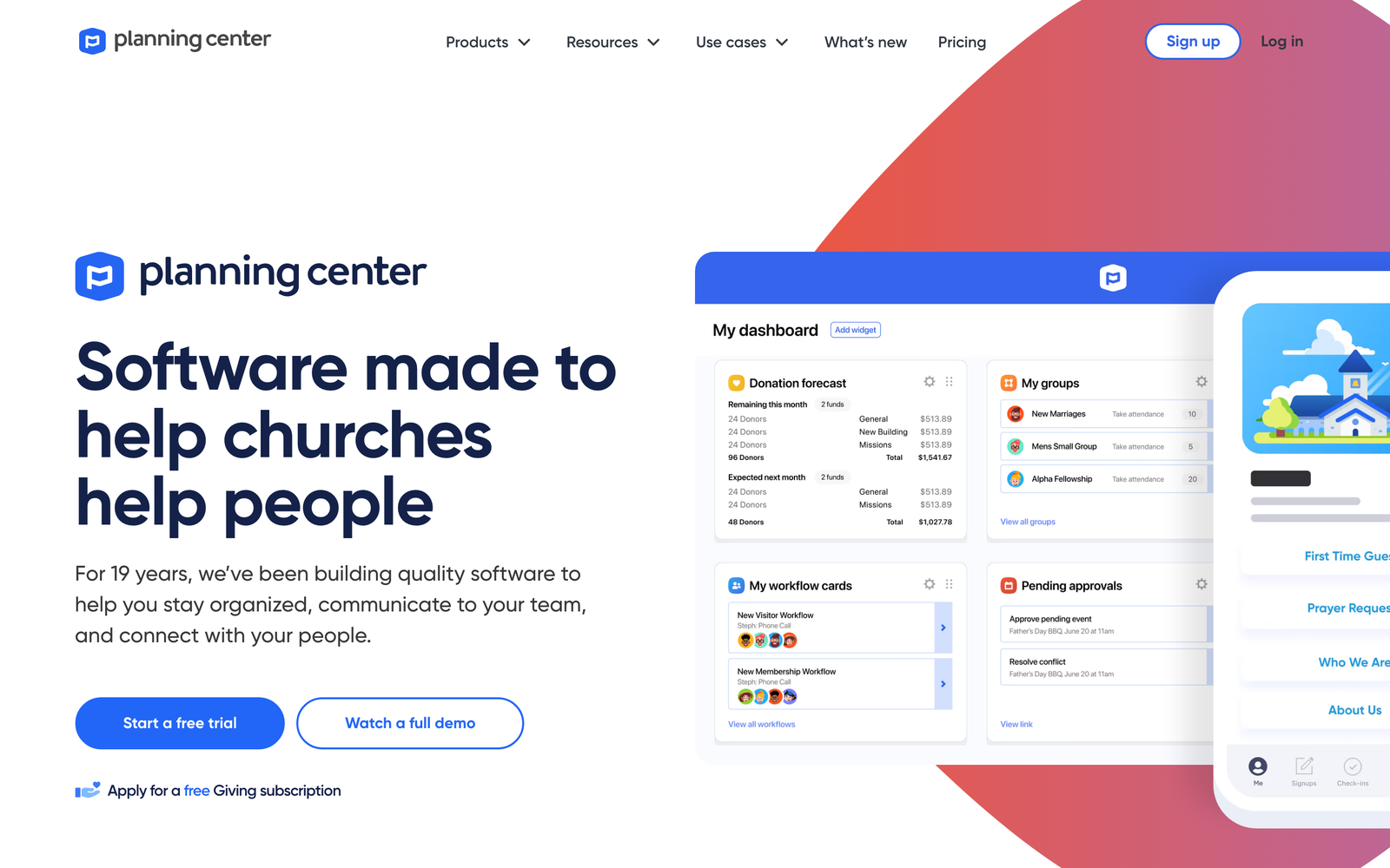 Planning Center homepage hero section