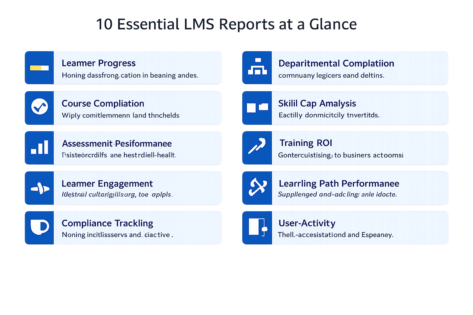 Infographic showing 10 essential LMS reports with icons and brief descriptions organized in a two-column card layout