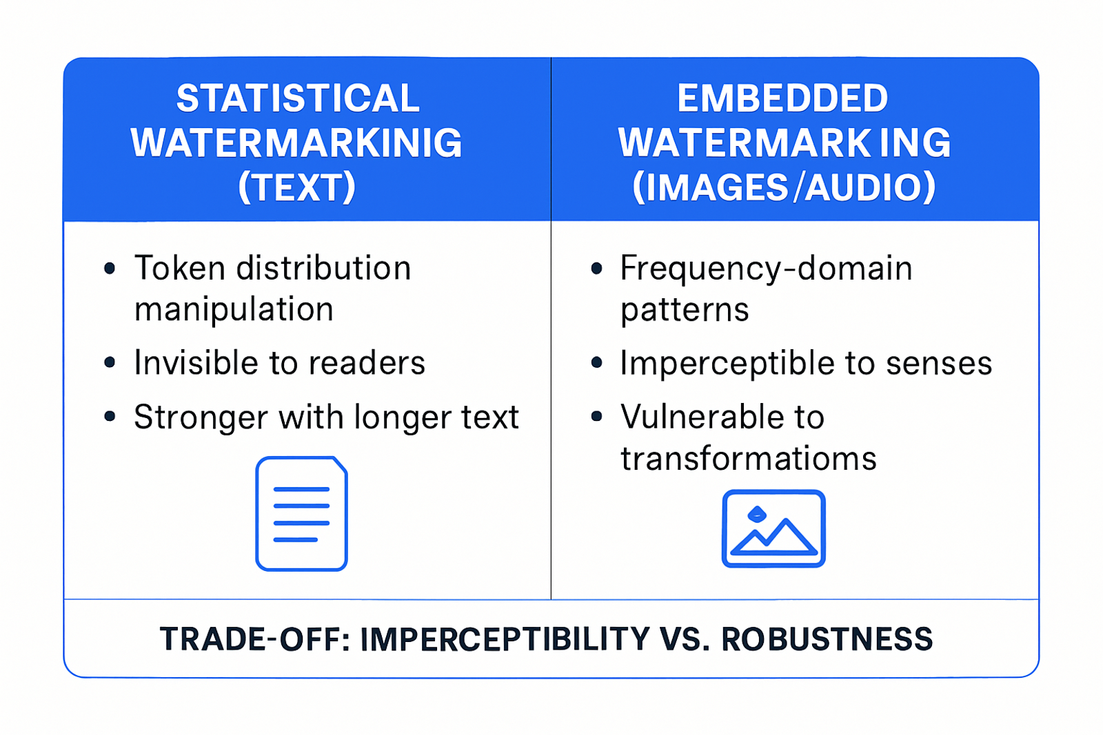 Infographic comparing statistical watermarking for text with embedded watermarking for images and audio