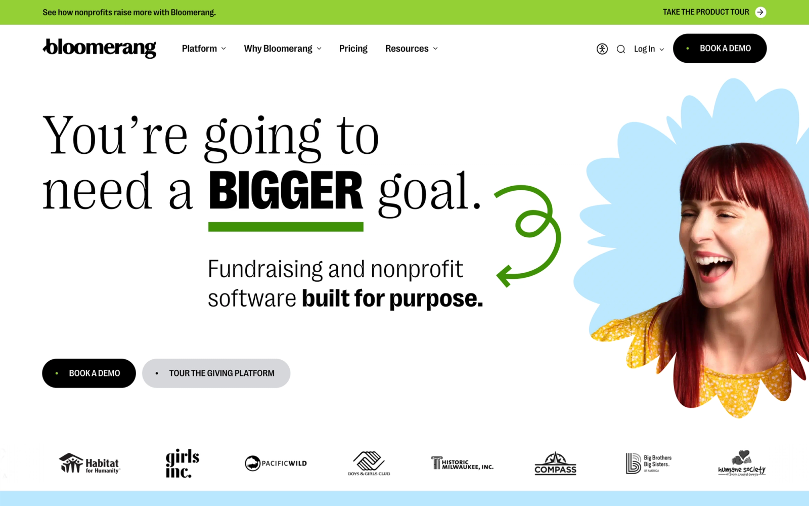 Bloomerang homepage hero section