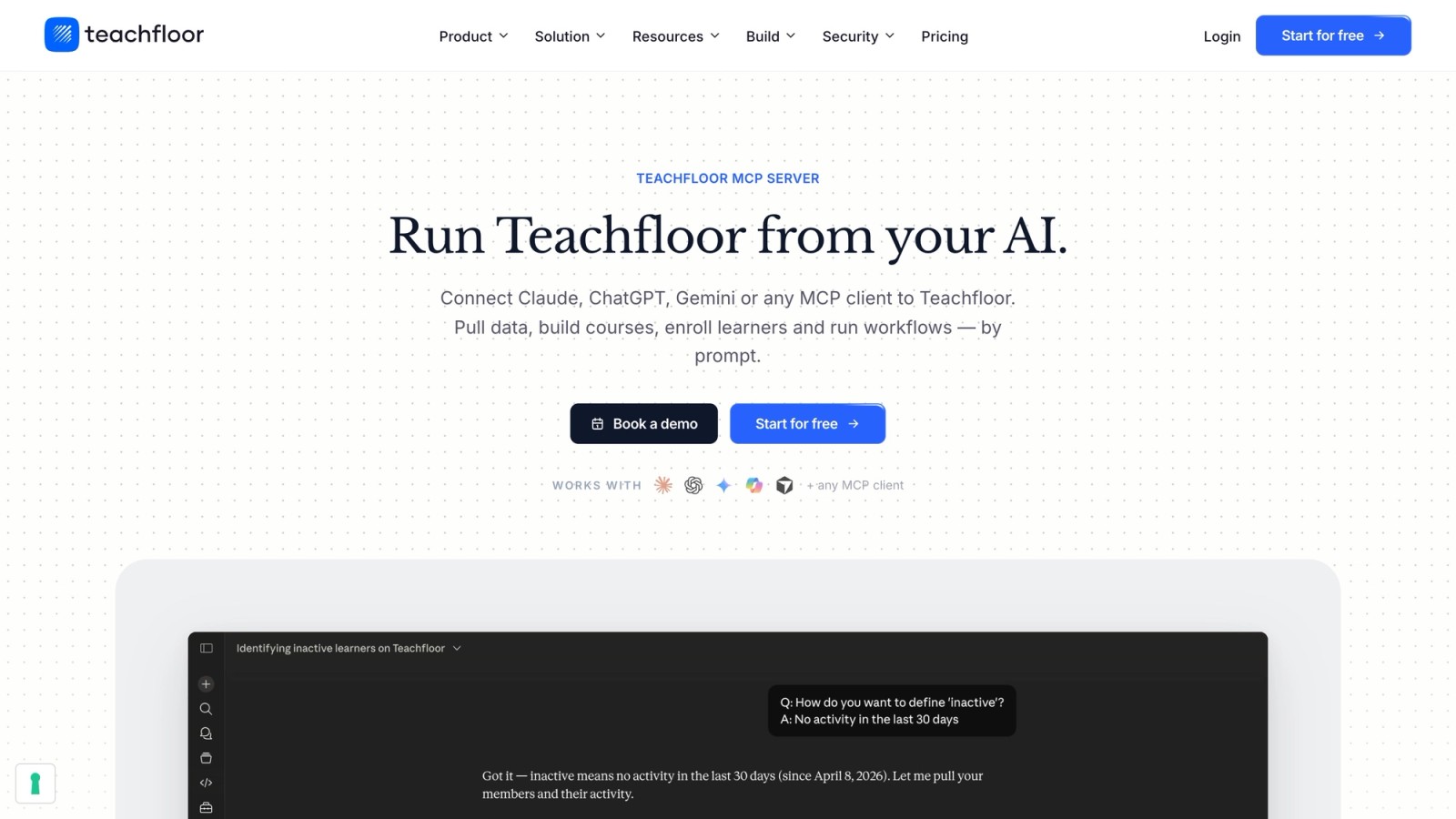 Teachfloor MCP Server landing page: run Teachfloor from Claude, ChatGPT, Gemini or any MCP client