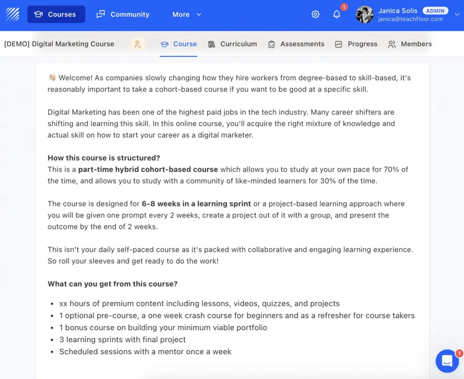 Learning objectives shown at the start of a Teachfloor module