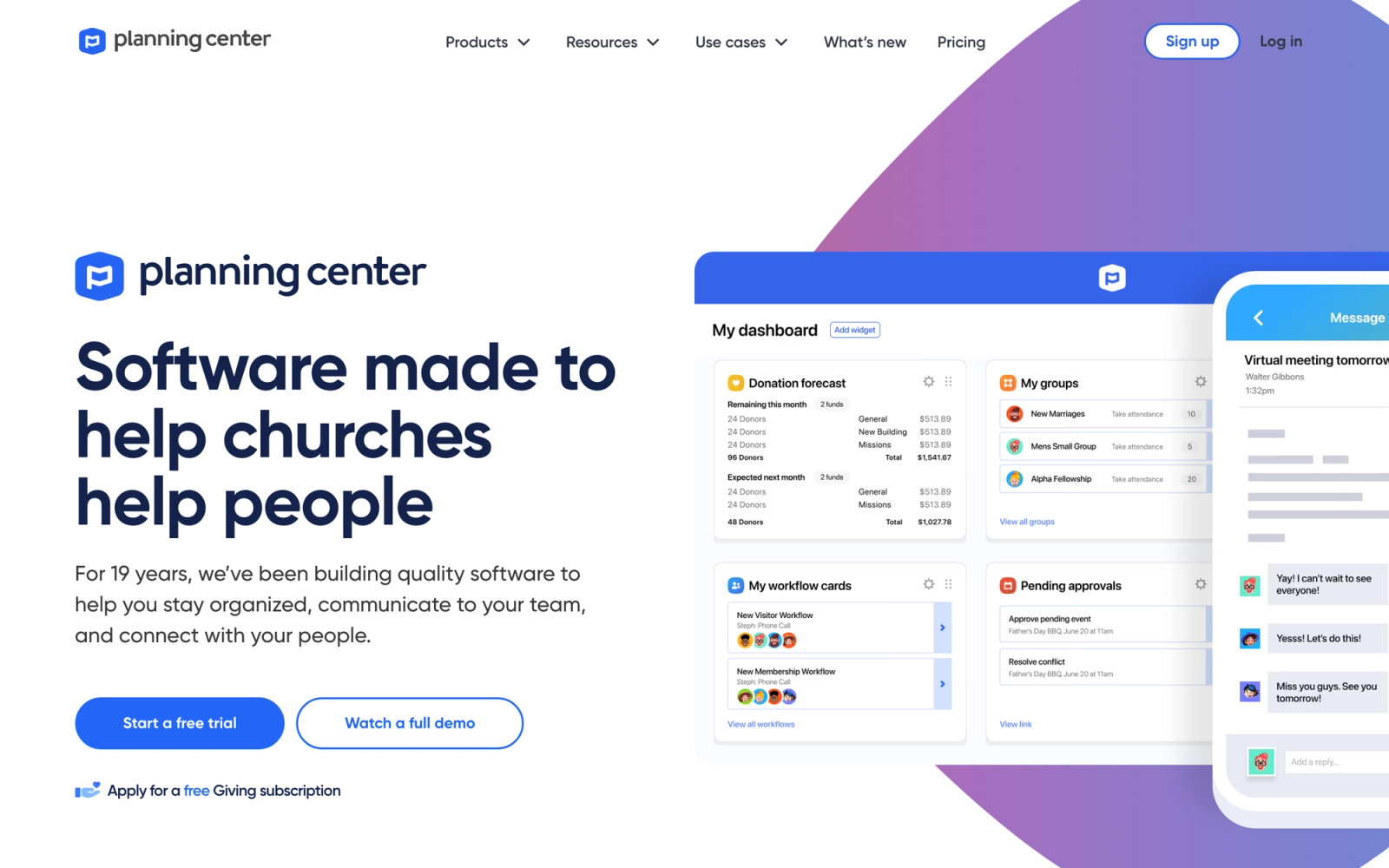 Planning Center homepage hero section