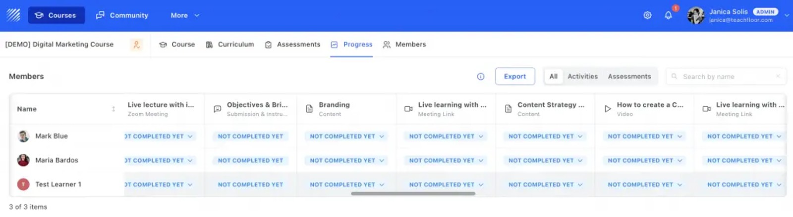 Teachfloor dashboard tracking learner progress and completion rates