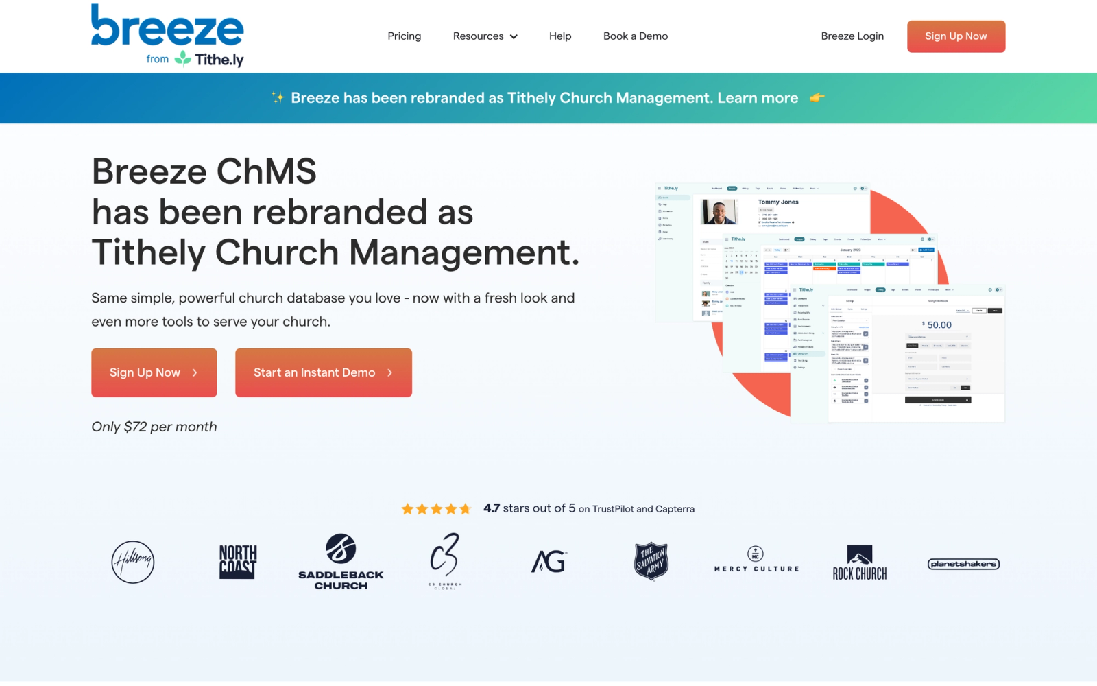 Breeze ChMS homepage hero section