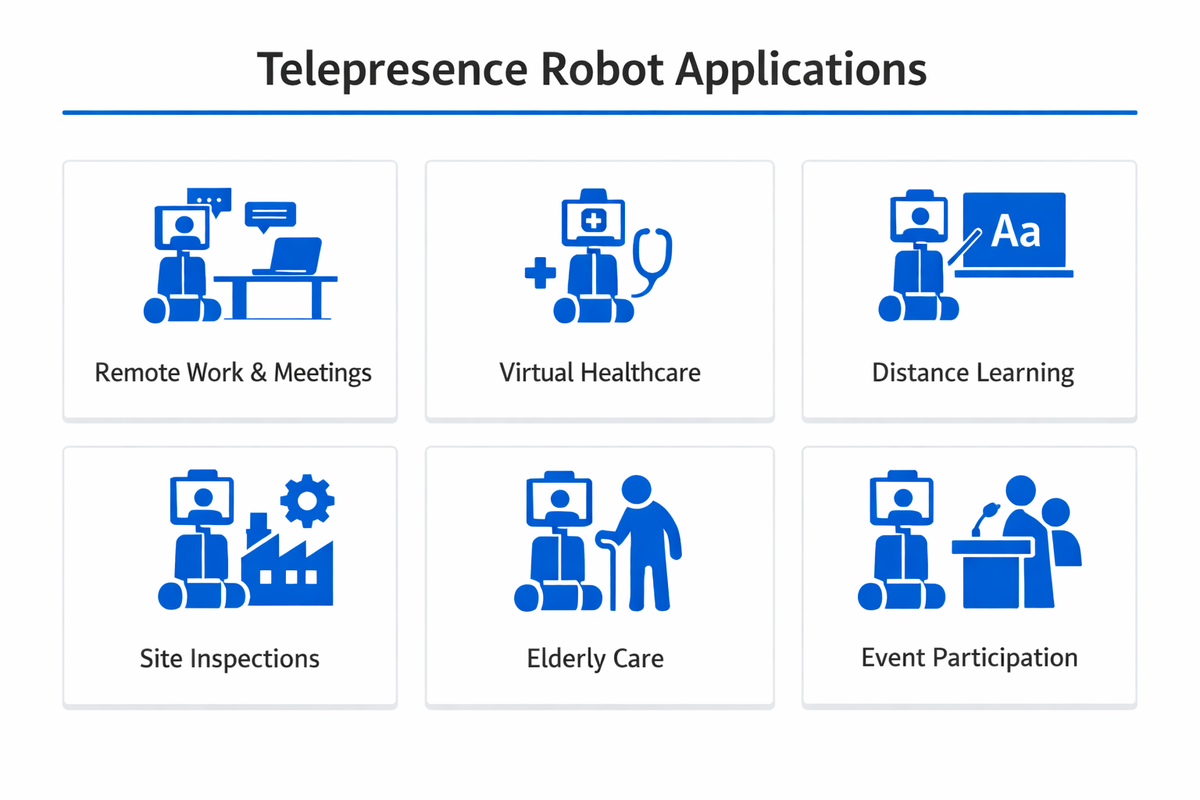 Infographic showing practical applications and use cases of telepresence robot