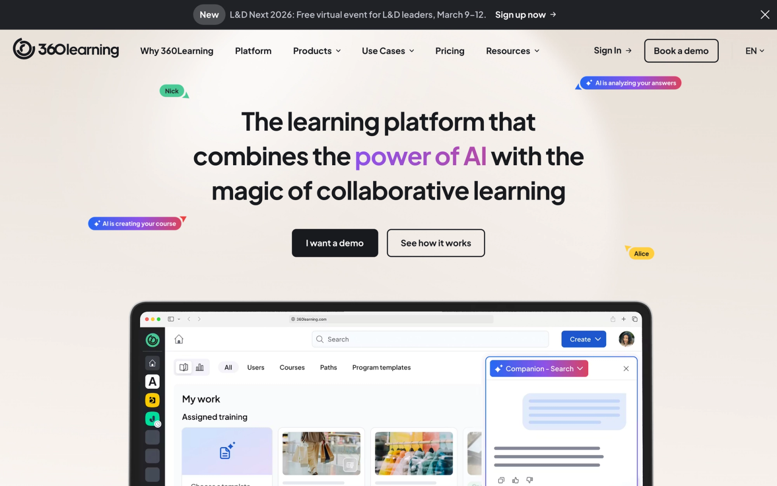360Learning homepage hero section