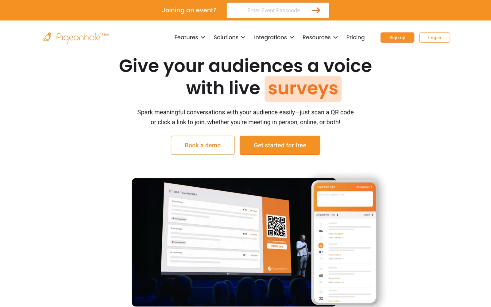 Pigeonhole Live homepage hero section