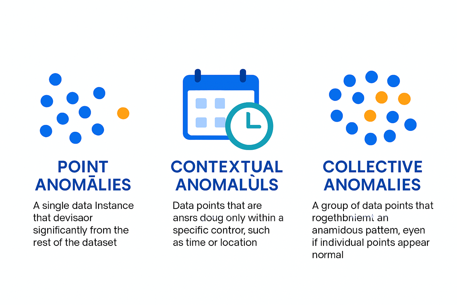 Infographic showing three types of anomalies: point anomalies as individual outliers, contextual anomalies dependent on context, and collective anomalies as grouped patterns