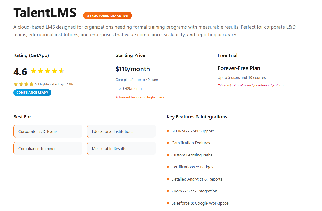 TalentLMS dashboard showing its course management interface