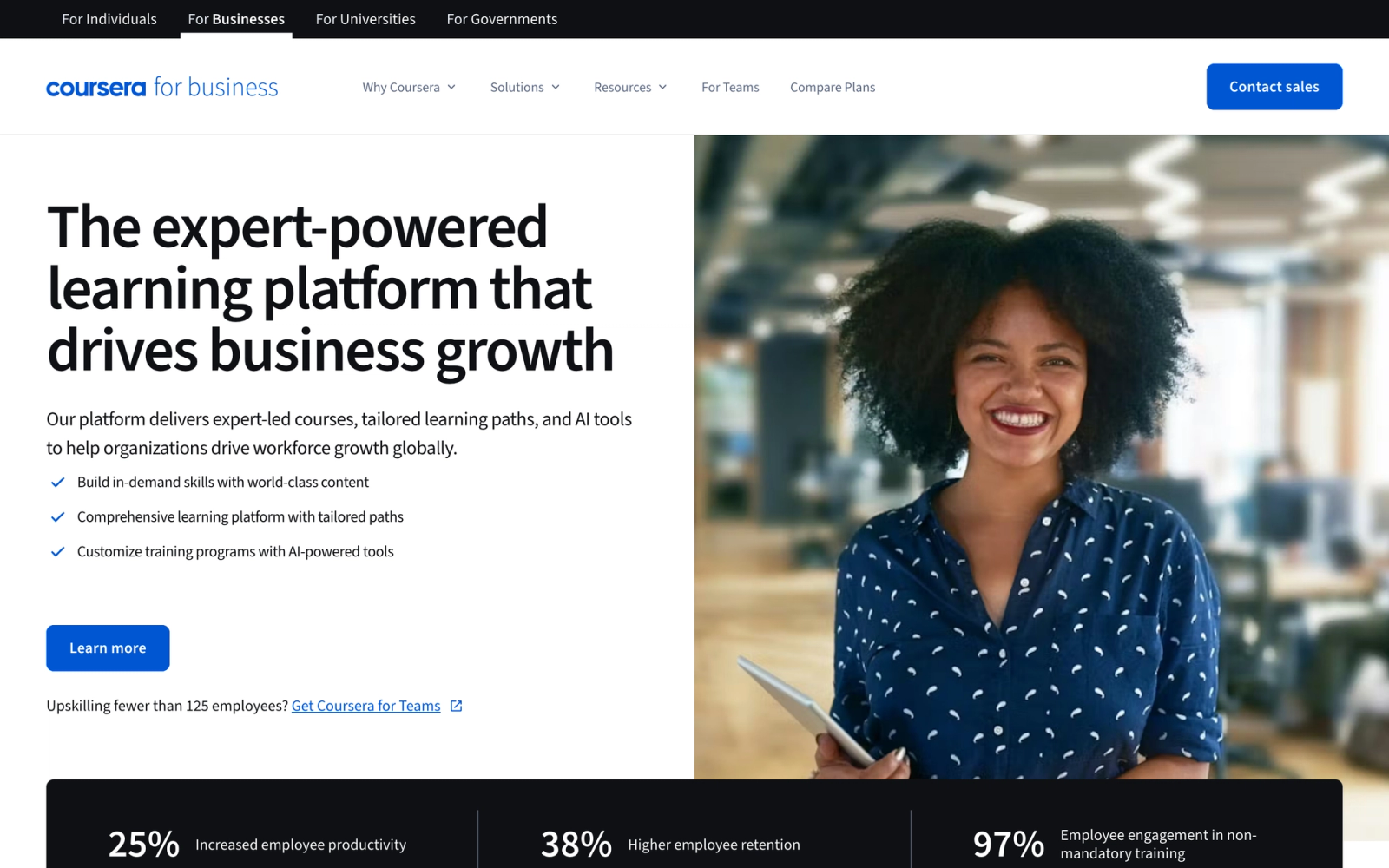 Coursera for Business homepage hero section