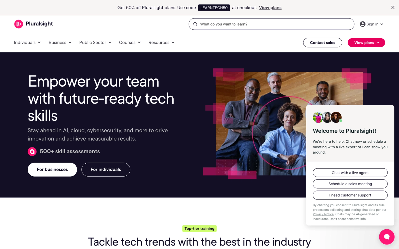 Pluralsight Skills homepage hero section