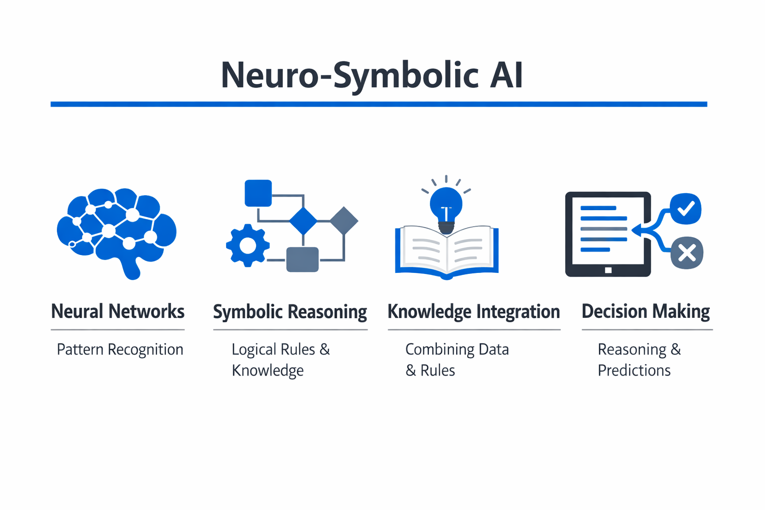 Infographic showing the key components and process of neuro-symbolic AI