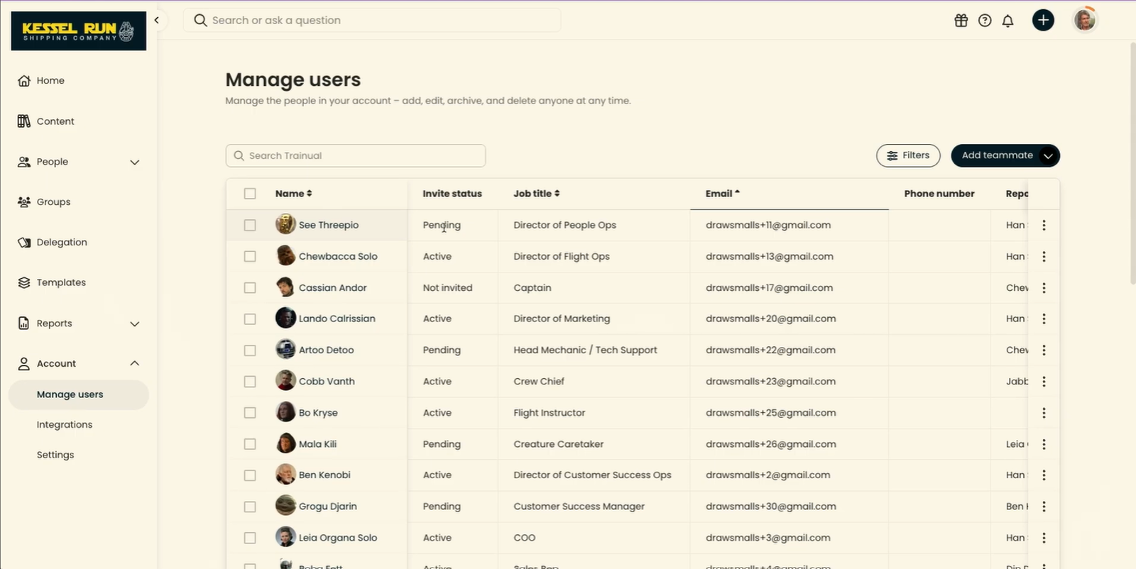 Trainual sparse layout with content organized by subject and role