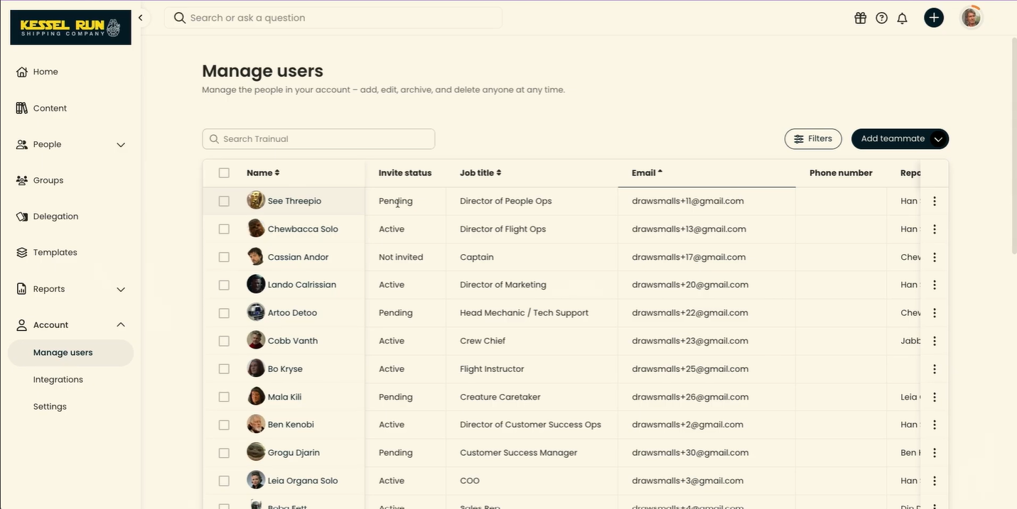 Trainual sparse layout with content organized by subject and role