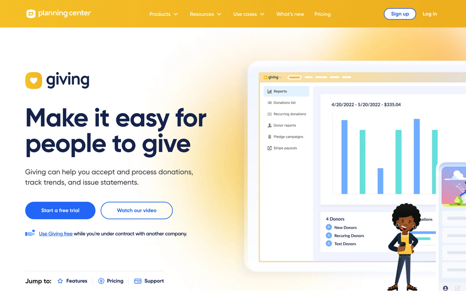 Planning Center Giving homepage hero section