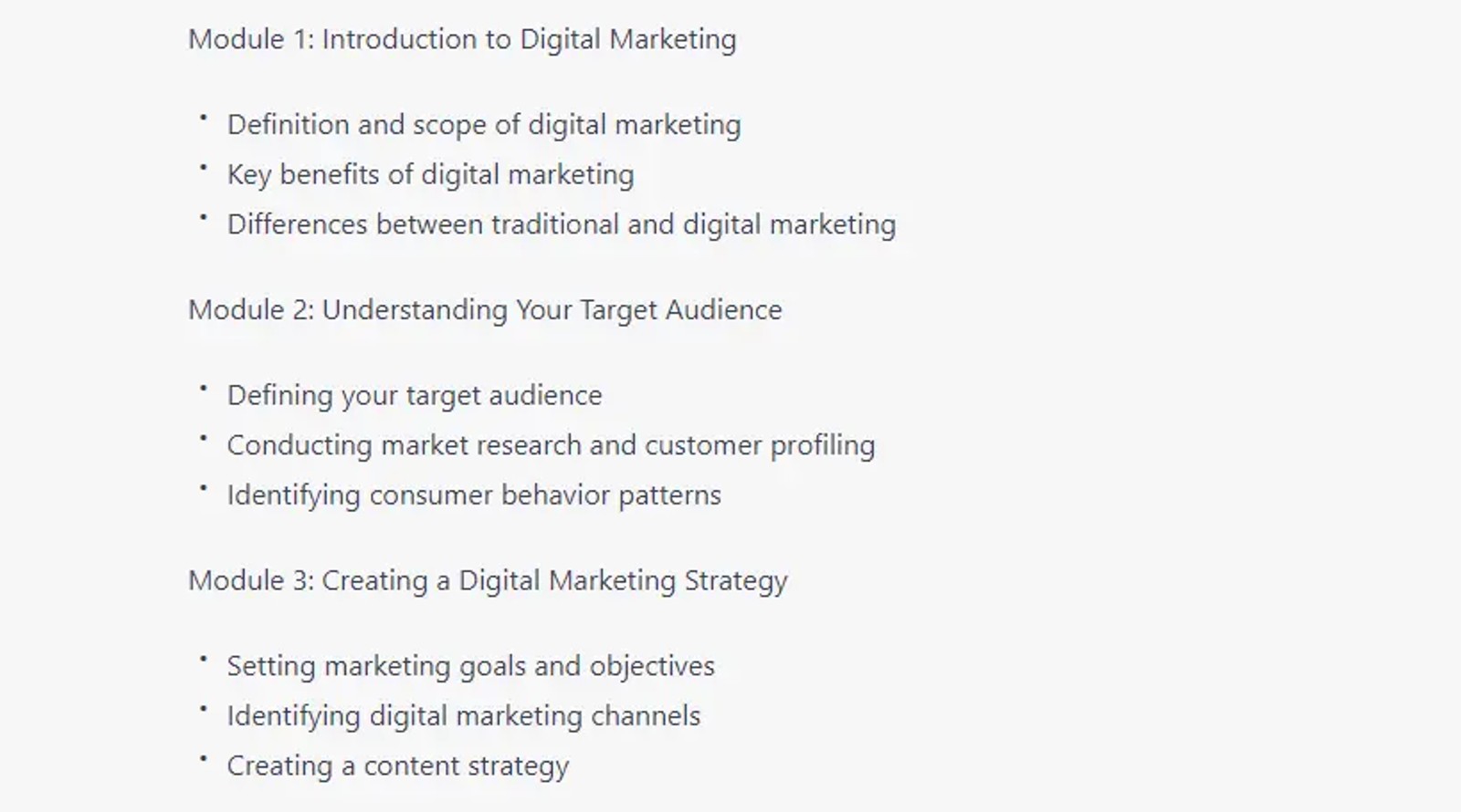 ChatGPT generating a digital marketing course outline from a prompt