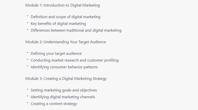ChatGPT generating a digital marketing course outline from a prompt