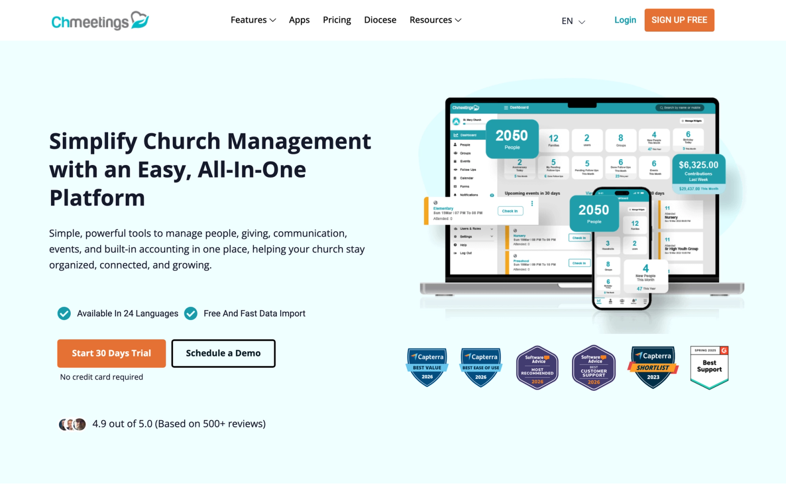 ChMeetings homepage hero section