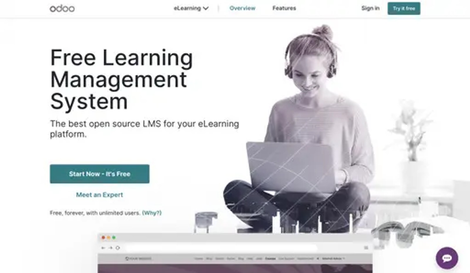 Image shows Odoo's Open Source LMS home page
