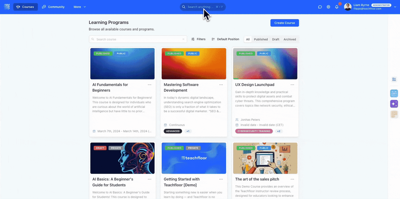 Search Bar: Find Courses, Lessons, Files, and Users Instantly