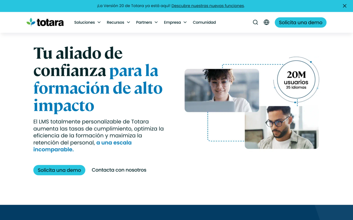 Totara Learn homepage hero section
