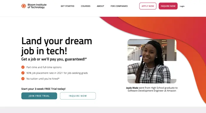 Bloom Institute of Technology income share agreement school homepage