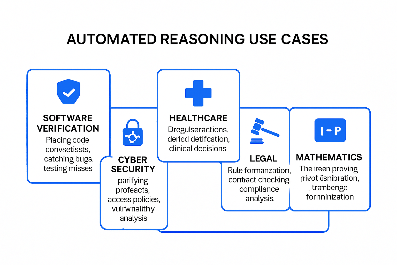 Infographic showing automated reasoning use cases across five industries: software verification, cybersecurity, healthcare, legal reasoning, and mathematics