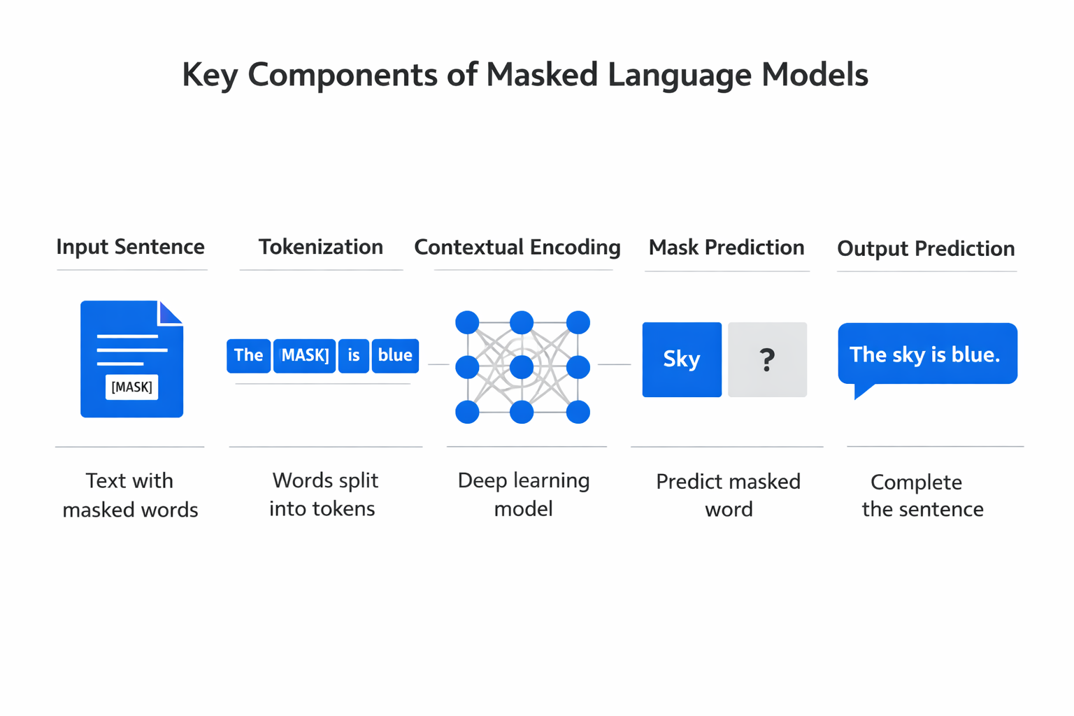 Infographic showing the key components and process of masked language models