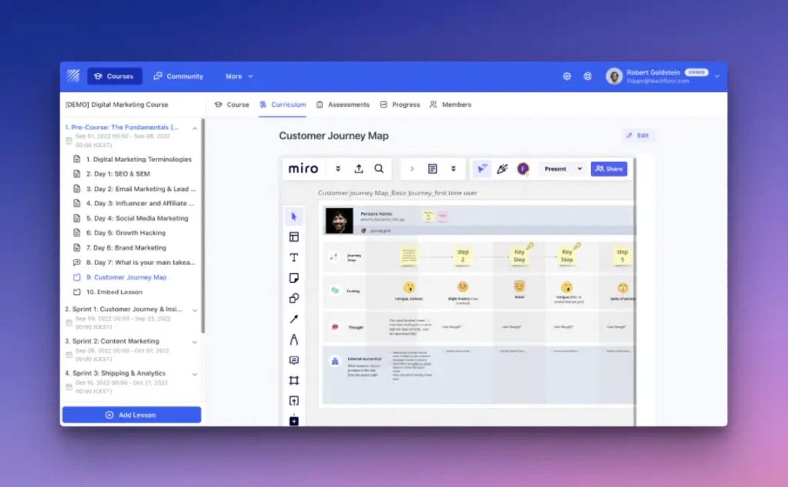 Teachfloor integrations with Miro, Figma, and Google Suite inside courses