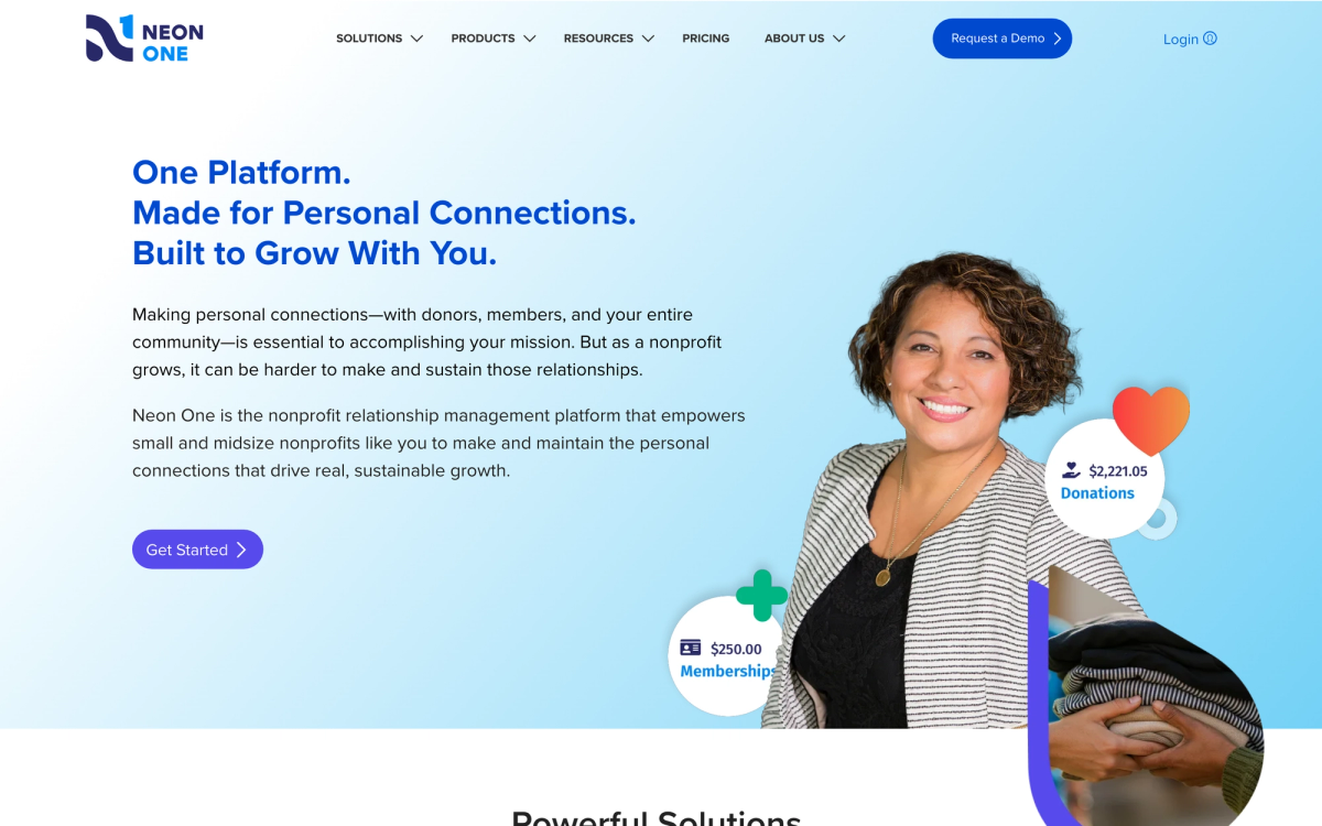 Neon CRM homepage hero section