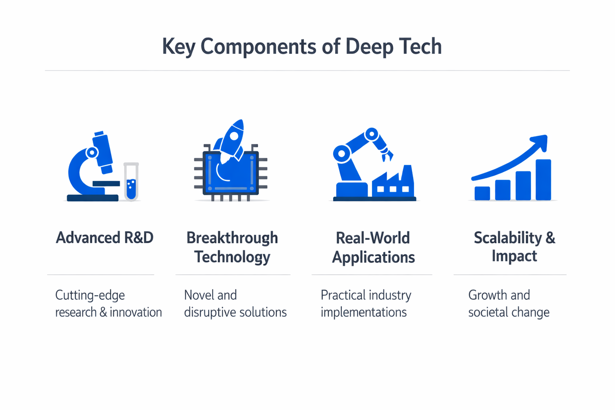Infographic showing the key components and process of deep tech