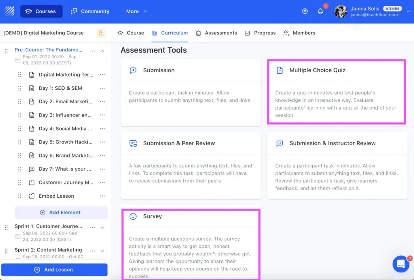 Teachfloor pre-assessment quiz checking learners' prior knowledge