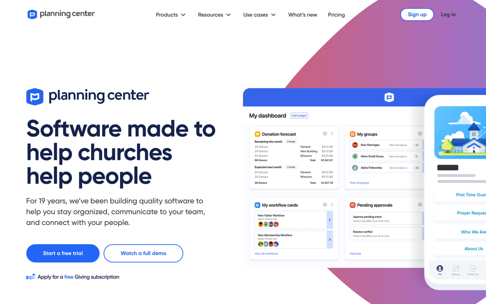Planning Center homepage hero section