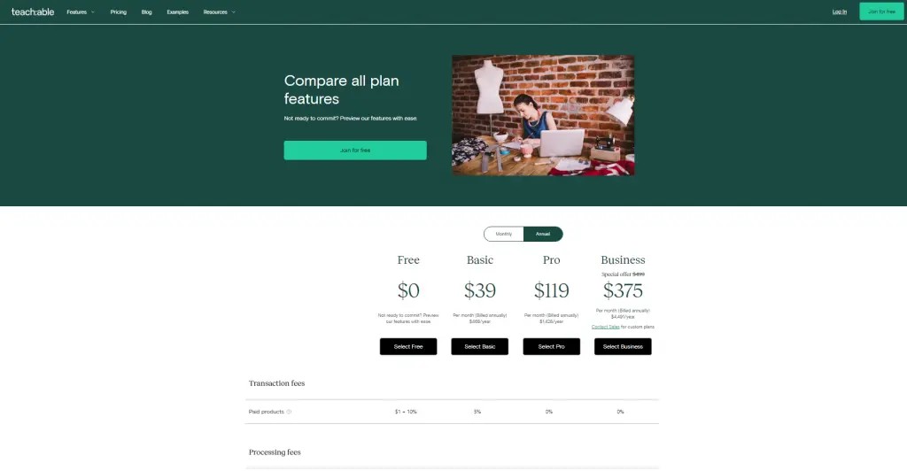 Teachable course creation platform homepage