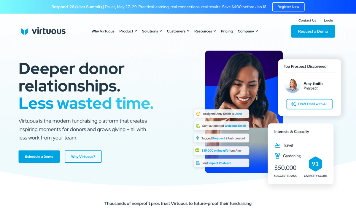 Virtuous CRM homepage hero section