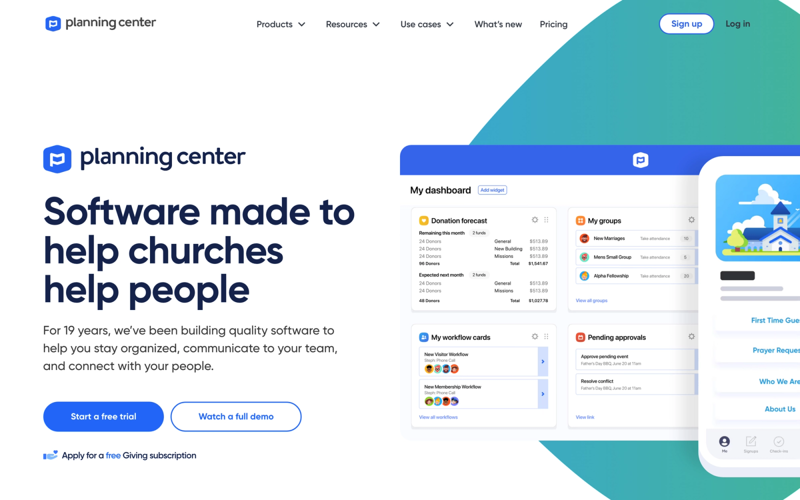 Planning Center homepage hero section