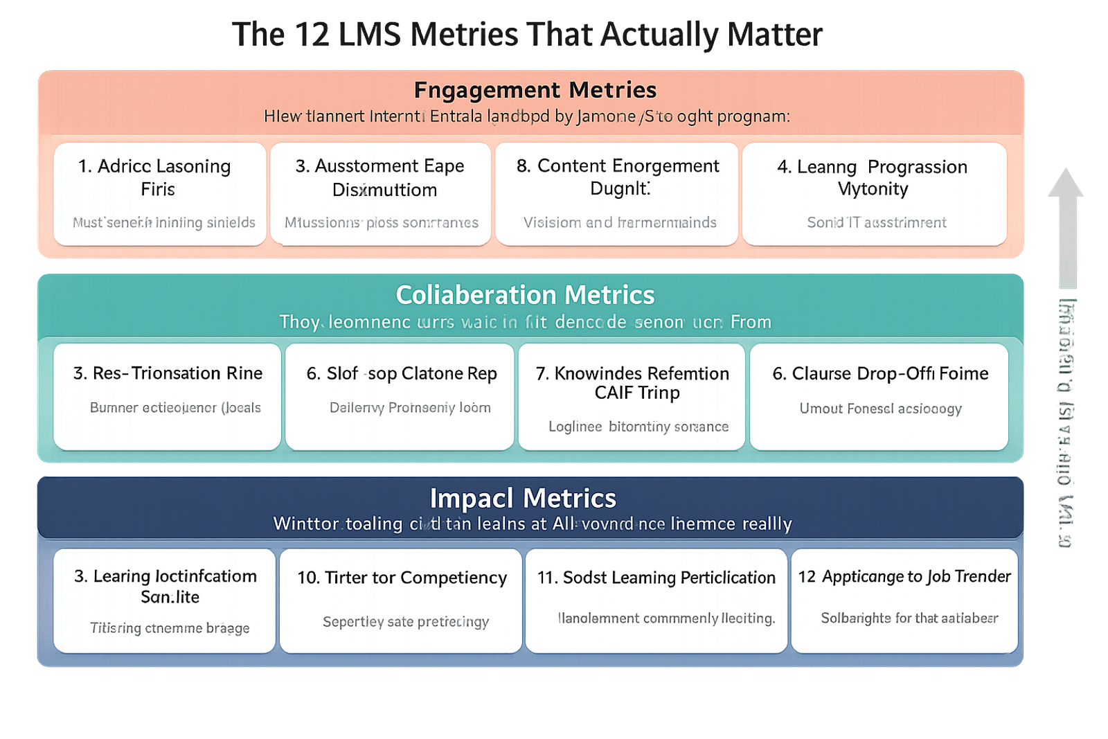 Framework infographic organizing 12 LMS metrics into three tiers: Engagement, Collaboration, and Impact metrics