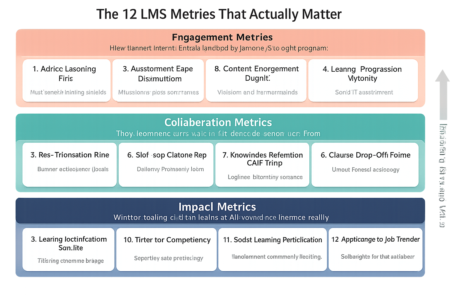 Framework infographic organizing 12 LMS metrics into three tiers: Engagement, Collaboration, and Impact metrics