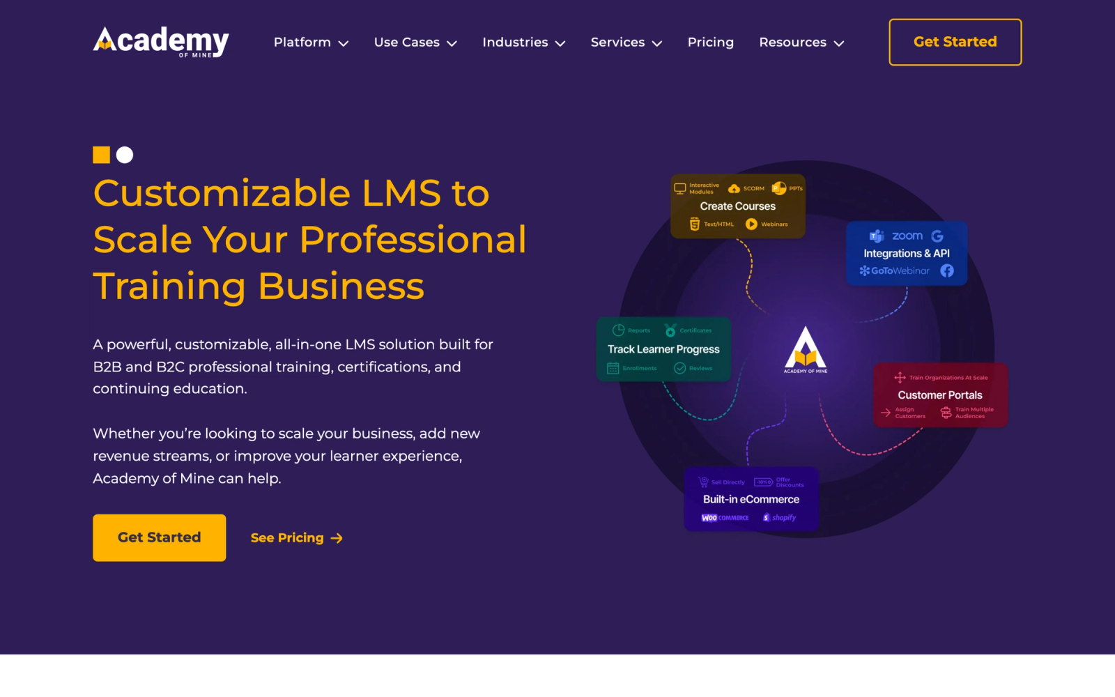 Academy of Mine homepage hero section
