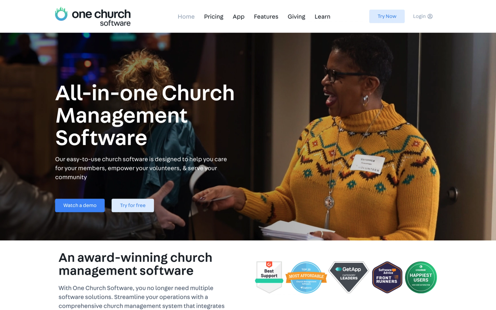 One Church Software homepage hero section