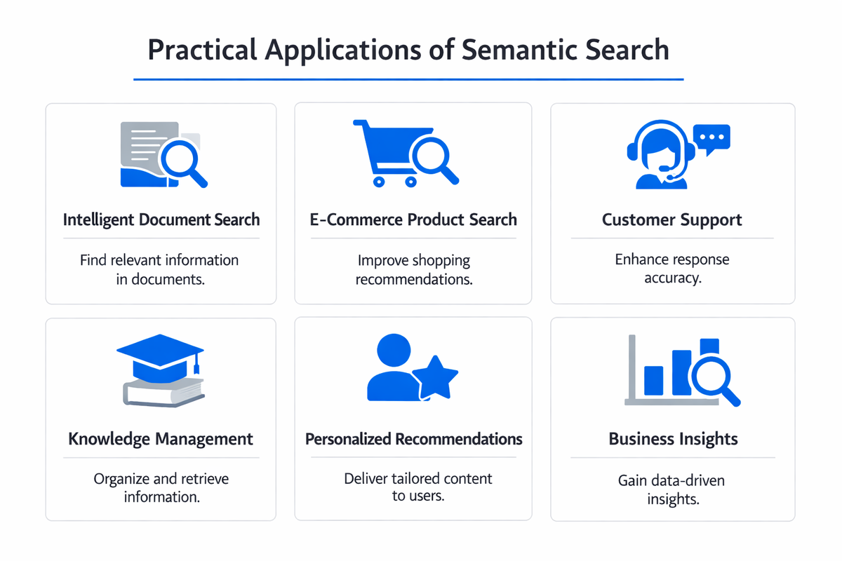 Infographic showing practical applications and use cases of semantic search