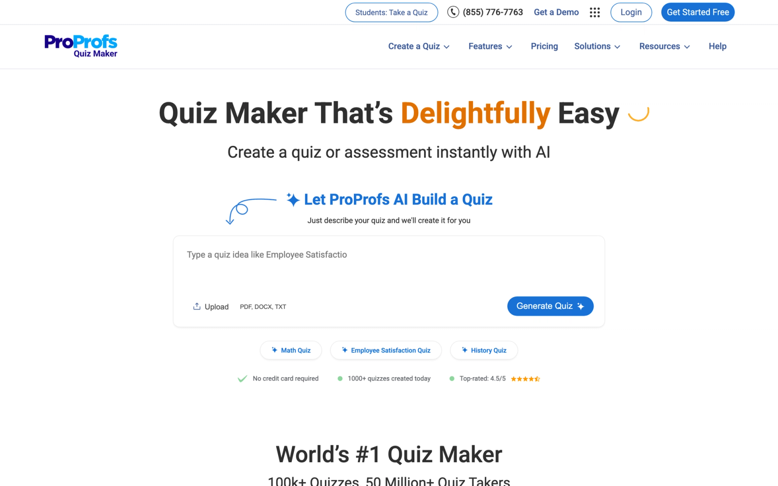 ProProfs Quiz Maker homepage hero section