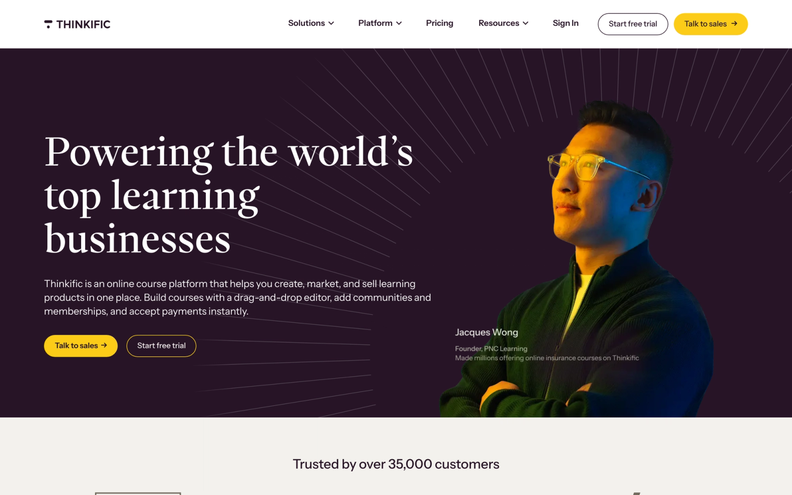 Thinkific homepage hero section